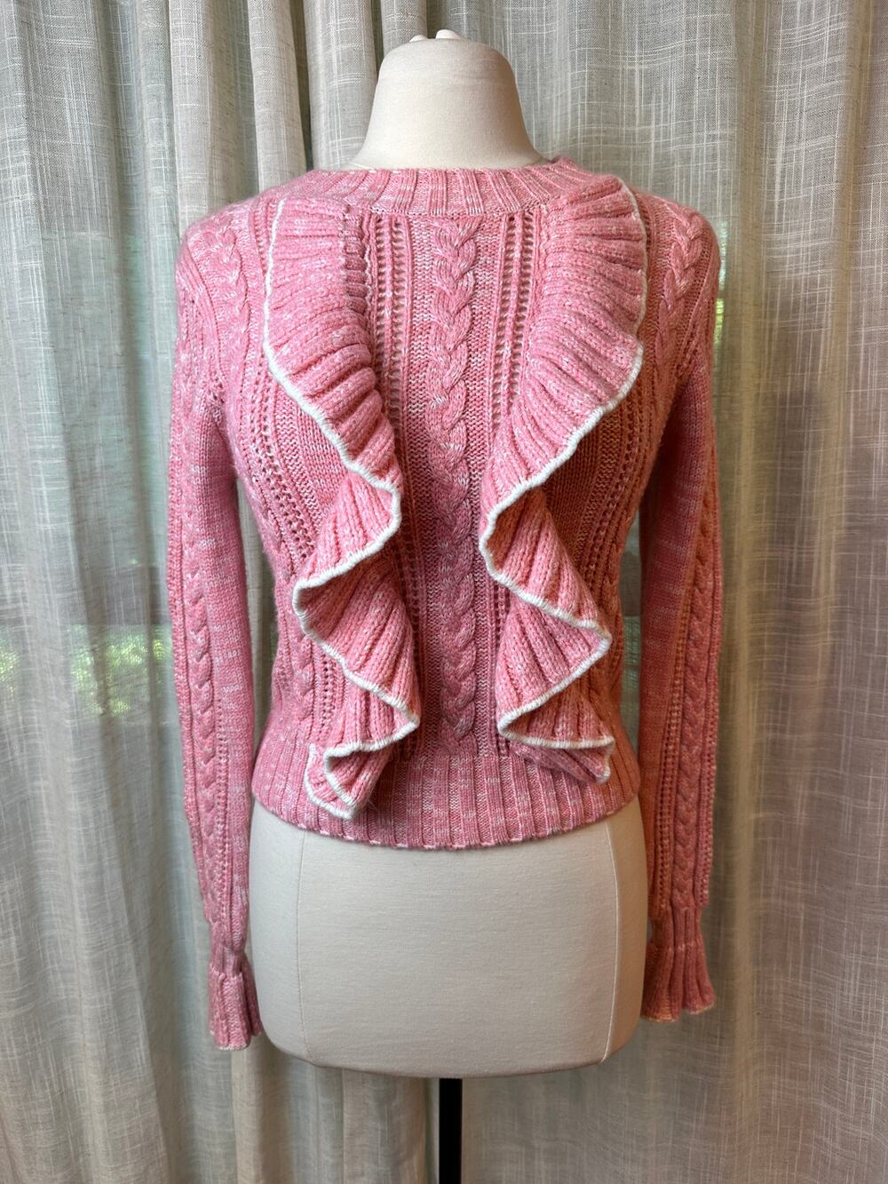 ELF SACK Pink Cable Knit Ruffle Sweater Size Small Cottagecore